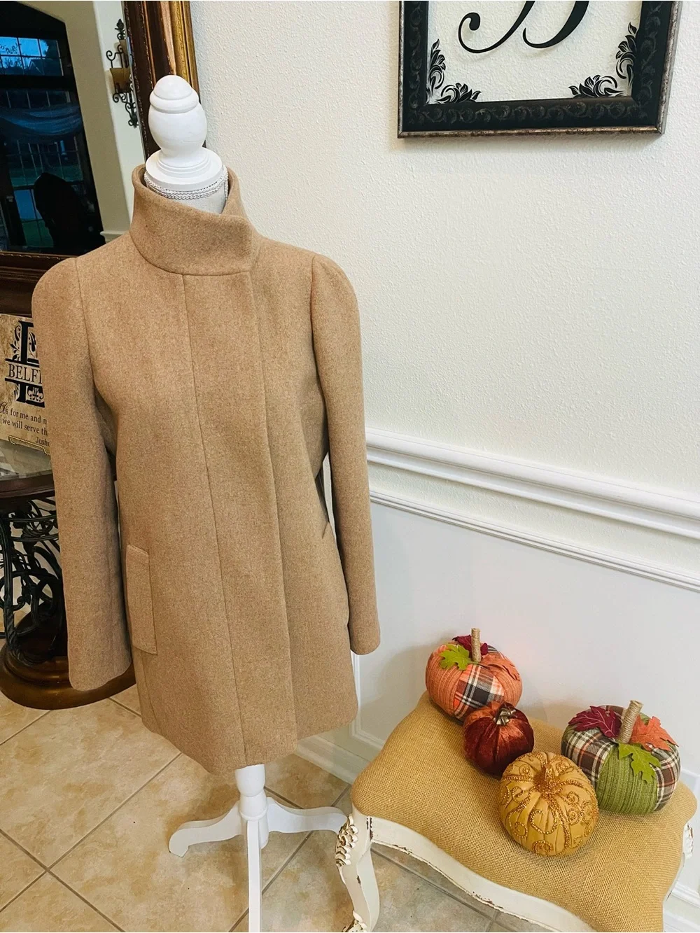 J. Crew Camel Wool-Blend Stand Collar Pea Coat